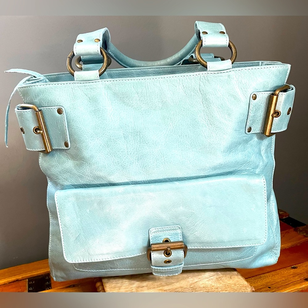 Kooba Leather Tote Light blue - teal turquoise color with brass tone hardware
